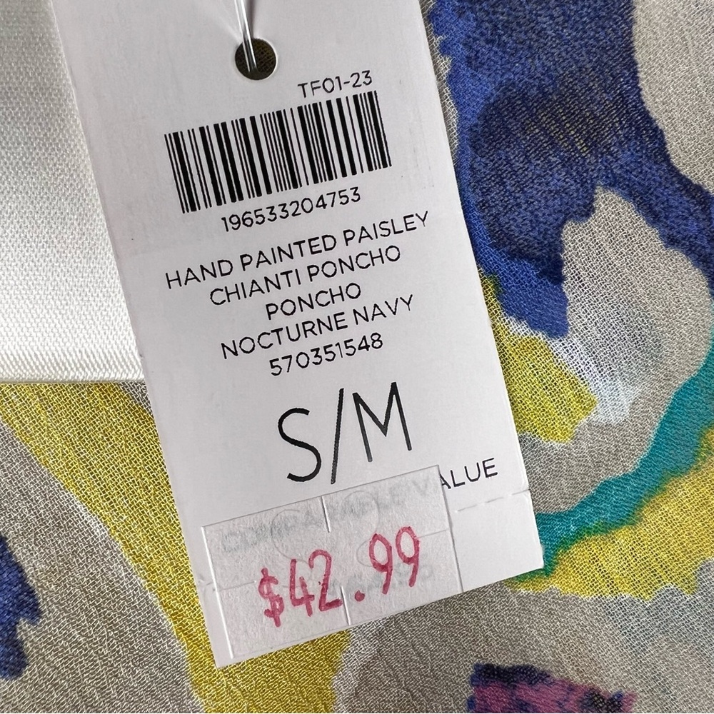 NWT Chico’s hand-painted paisley Chianti sheer poncho in Nocturne Navy. - Picture 9 of 10